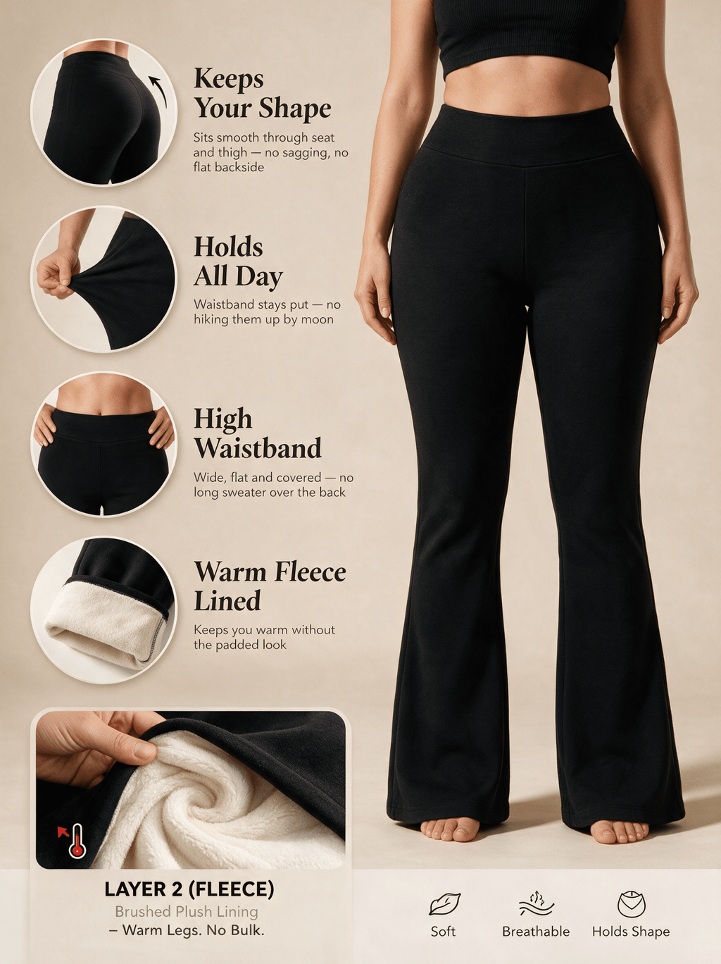 Fleece Lined Flare Pants — High Waisted Winter Trousers - Fleece Society